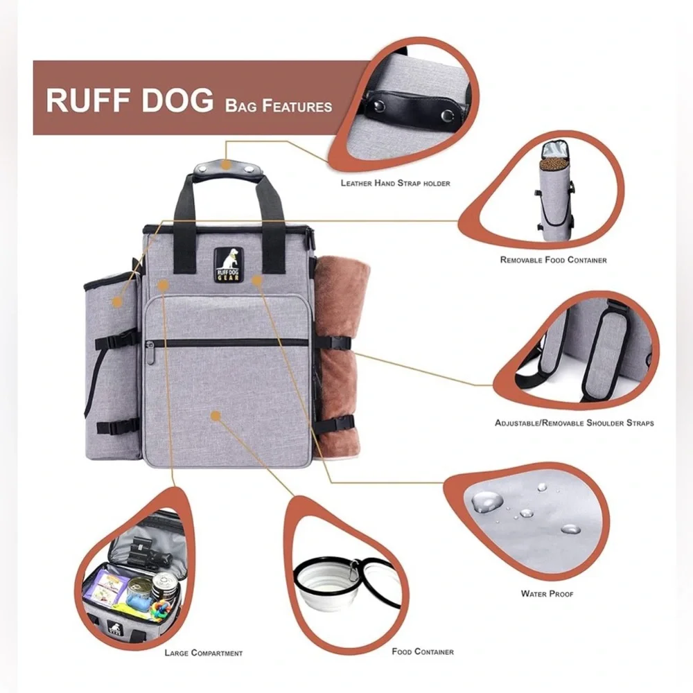 Gray Ruff Dog Gray Travel Bag - W/ Dog Travel Accessories & Water Resistant, NEW